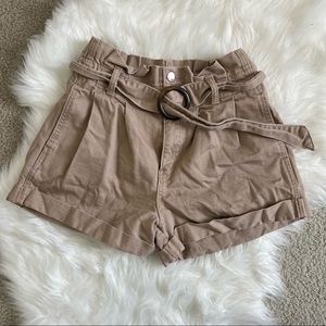 100% cotton hi rise belted cuffed khaki denim shorts